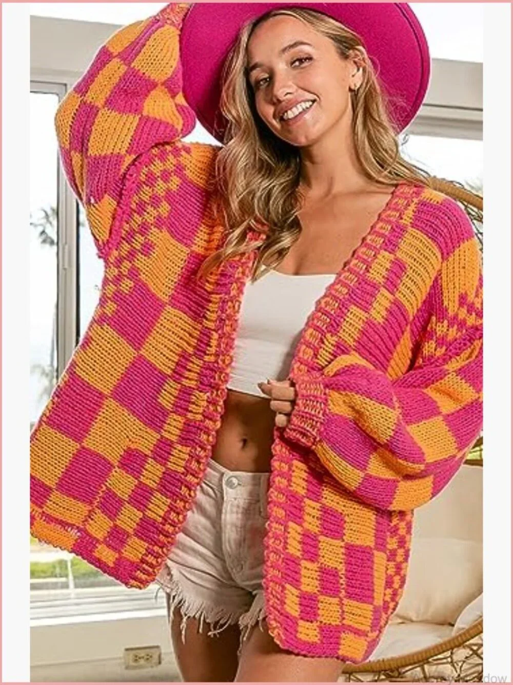 Open Front Chunky Knit Cardigan Sweater Long Sleeve Plaid - Picture 4 of 7
